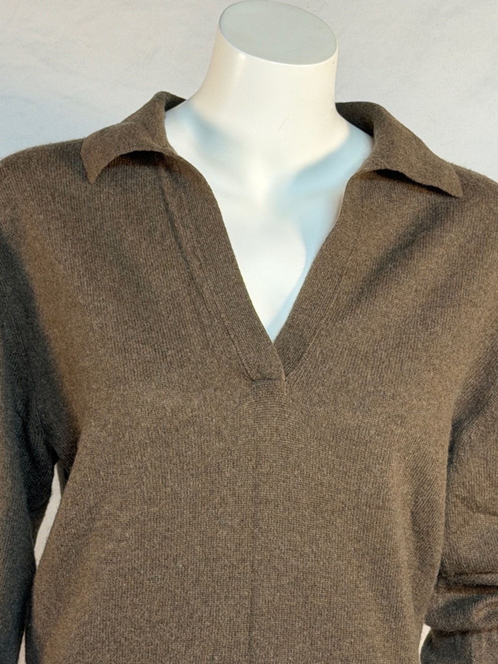 White + Warren Brown Cashmere Collared V-Neck Sweater with Layered Plum Top - Picture 4 of 9